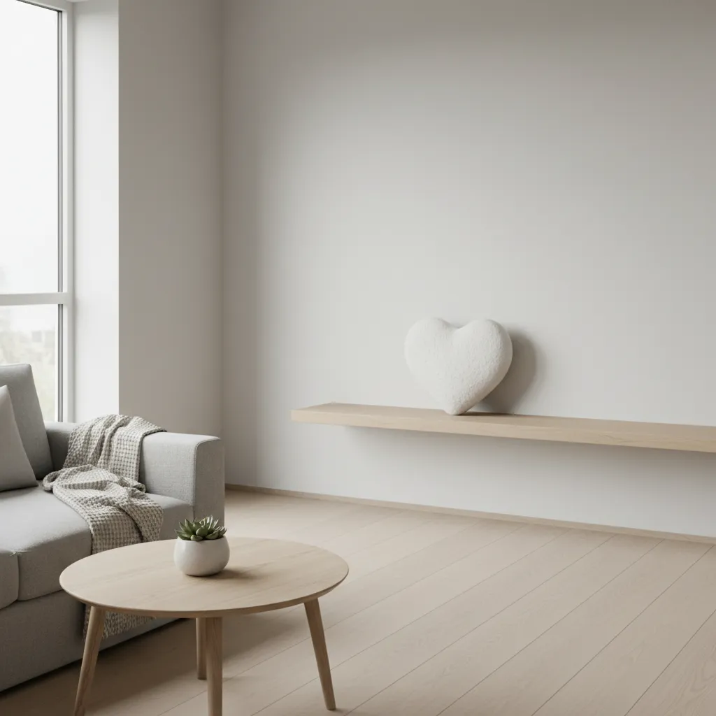 minimalist white ceramic heart decoration on modern shelf