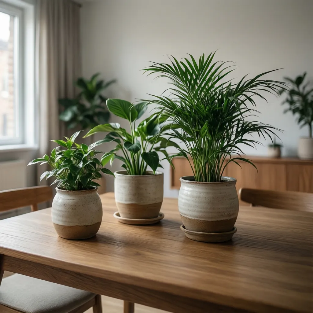 Macetas de cerámica con plantas de interior sobre una mesa