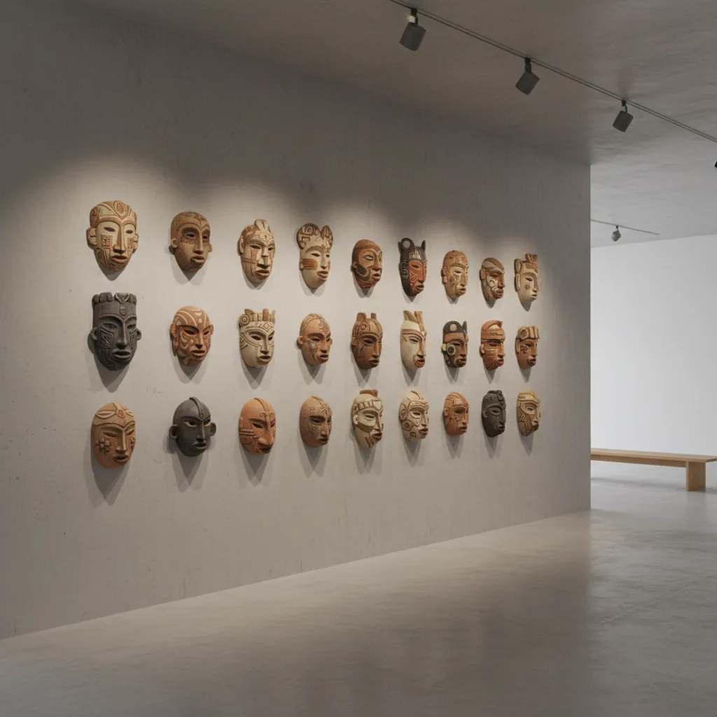 collection of ceramic masks representing cultural wall art