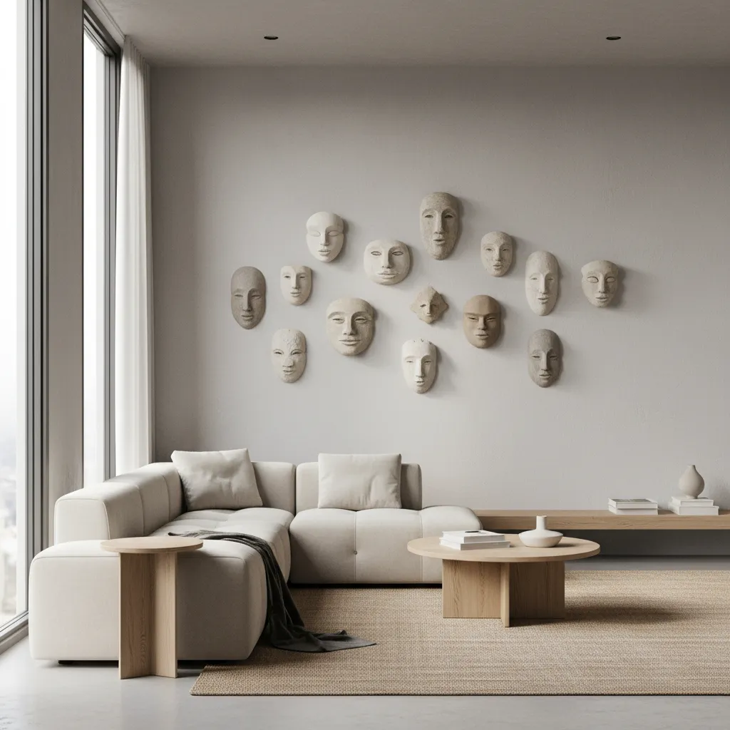 gallery wall featuring ceramic masks in modern interior design