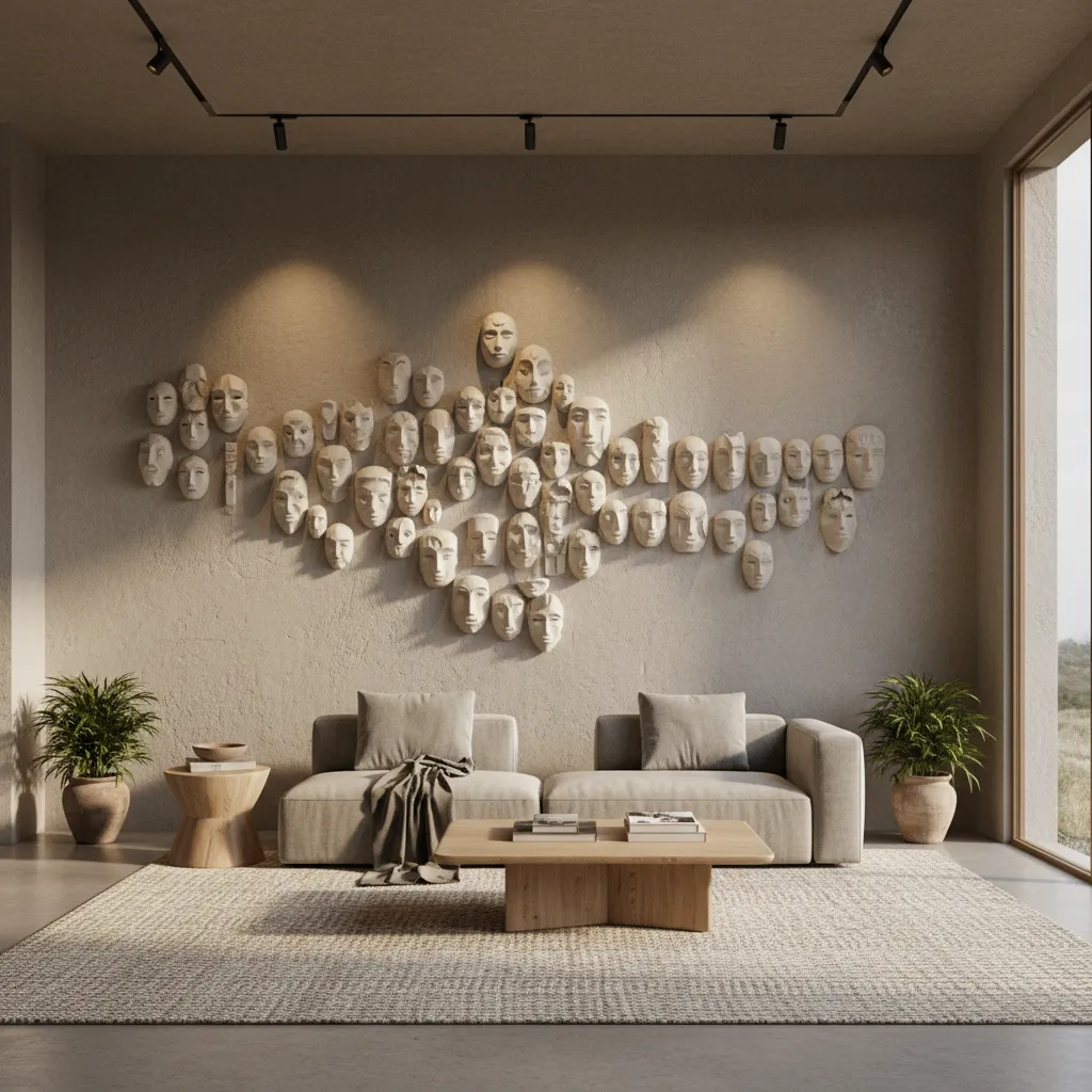 Modern living room featuring many small white ceramic masks on the wall above a beige sofa