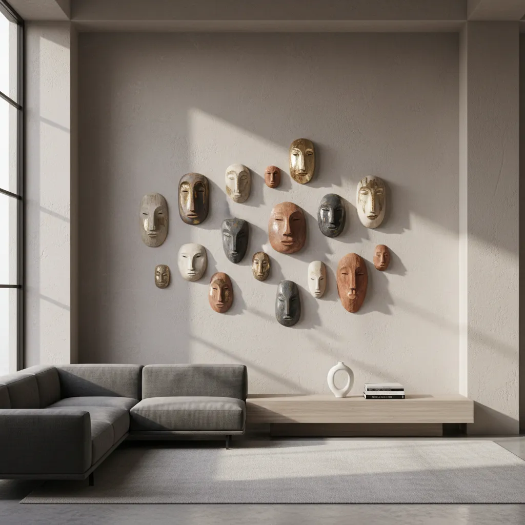 Living room with many masks on wall grey sofa wooden cabinet and a large window