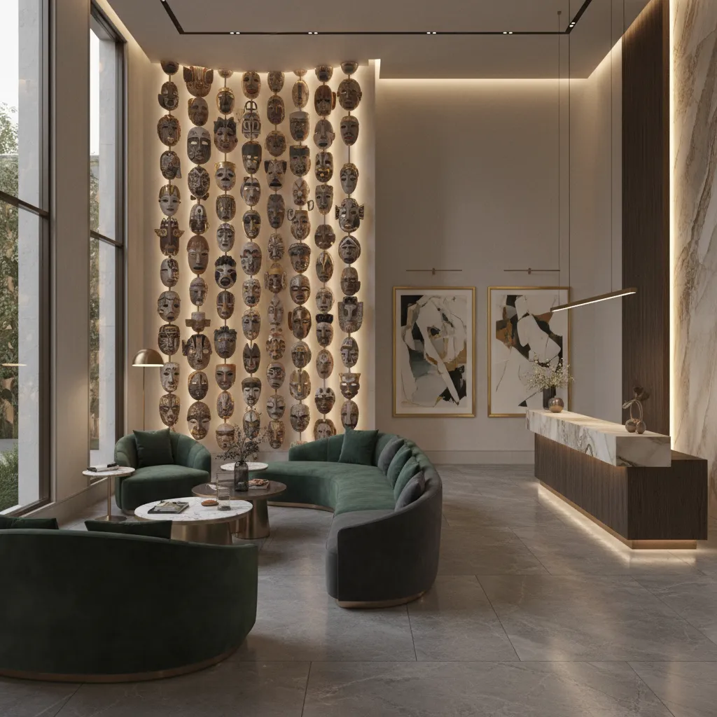 ceramic wall masks installed in boutique hotel lobby design