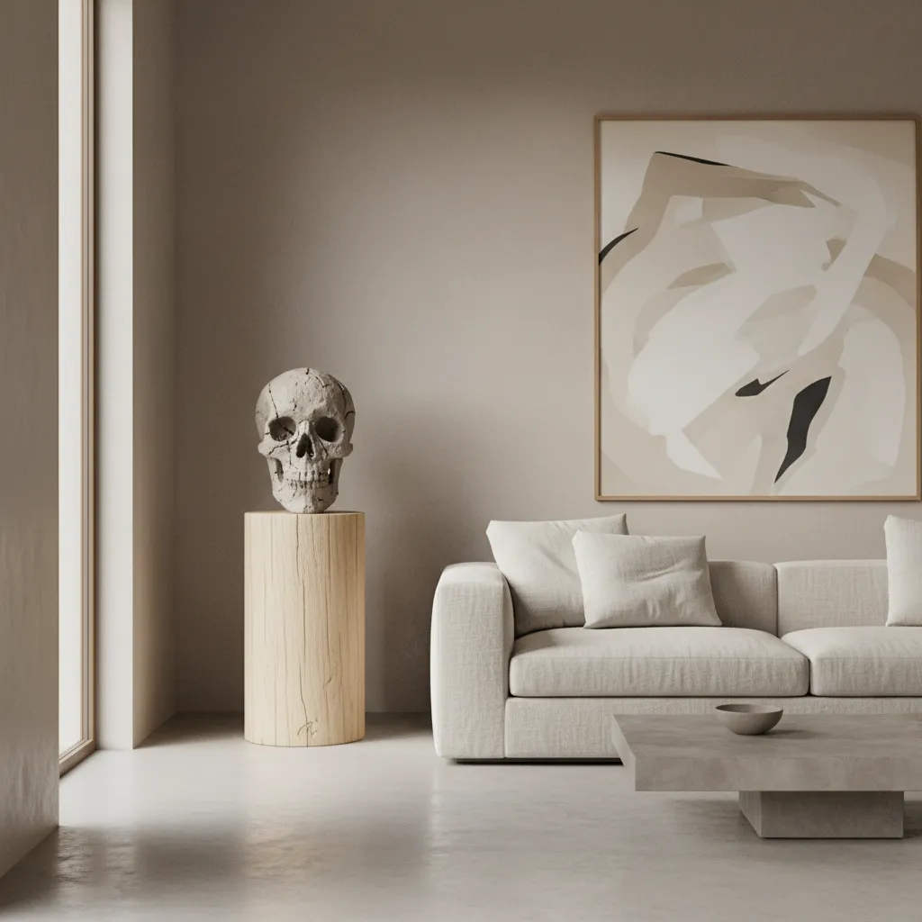 ceramic skull decoration displayed in minimalist artistic interior