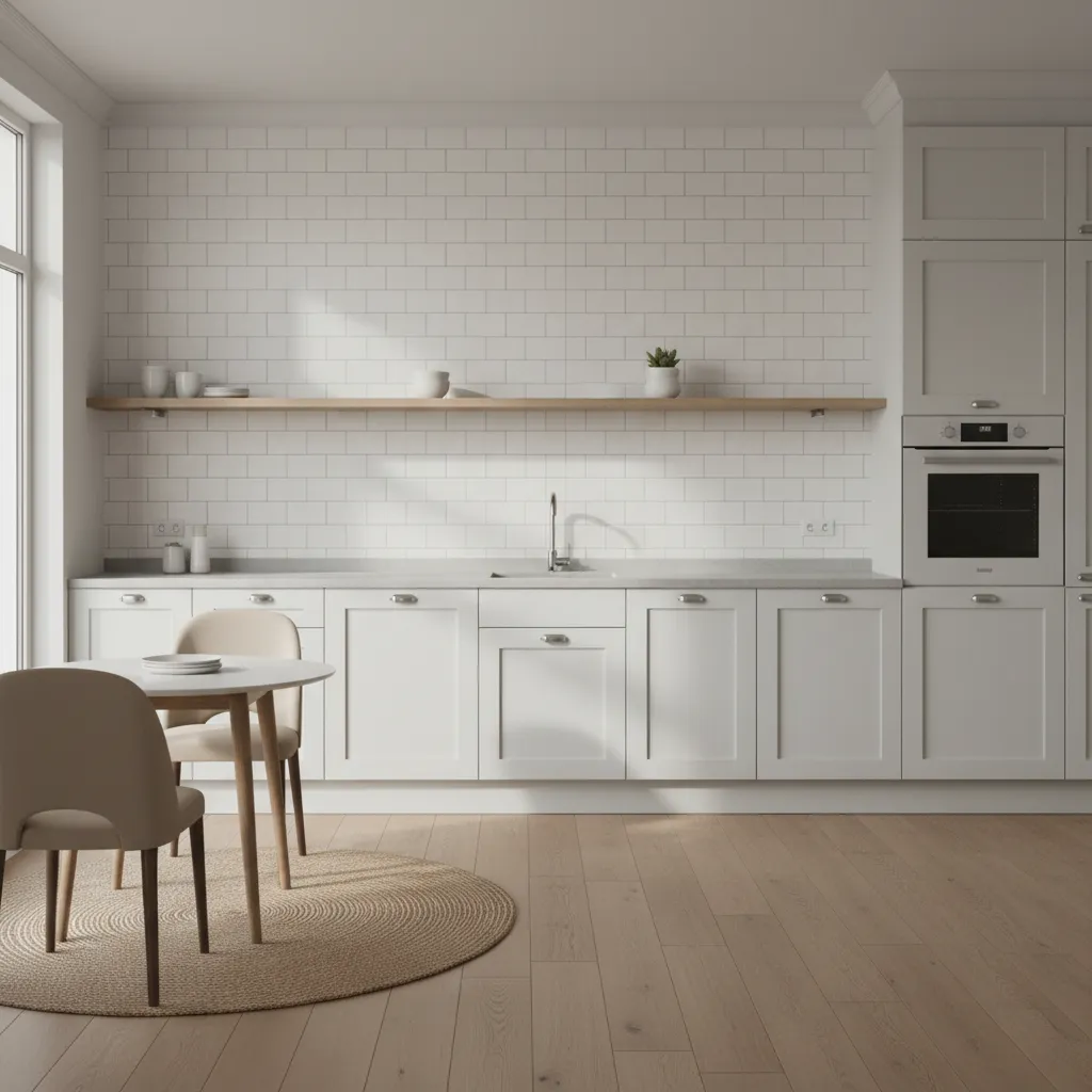 Minimalist white kitchen featuring subway tile wall wooden shelf white cabinets and round dining table