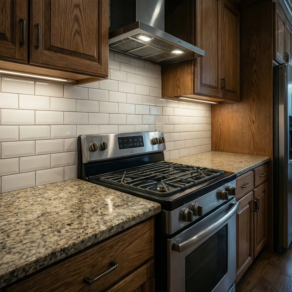 White ceramic subway tile backsplash paired with oak kitchen cabinets