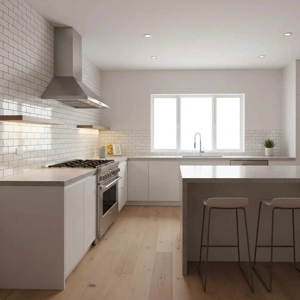 Finished kitchen with durable ceramic tile backsplash behind stove and countertop