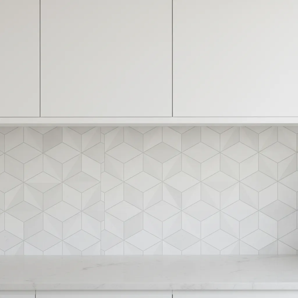 Ceramic tile backsplash pattern in white kitchen