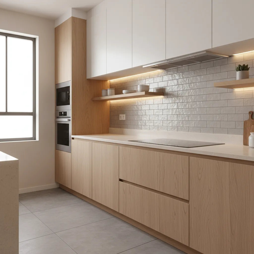 ceramic tile backsplash installed behind kitchen stove for grease protection