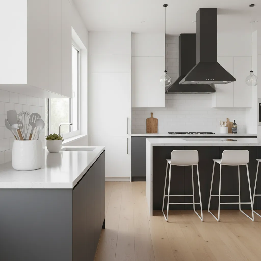 White ceramic utensil holder holding cooking utensils on a modern kitchen counter
