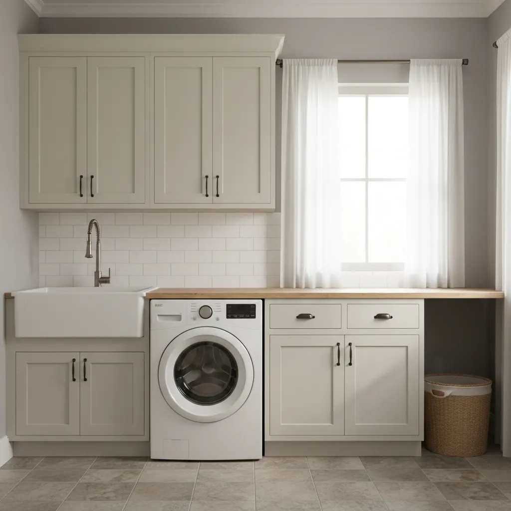 Ceramic utility sink installed in a residential laundry room