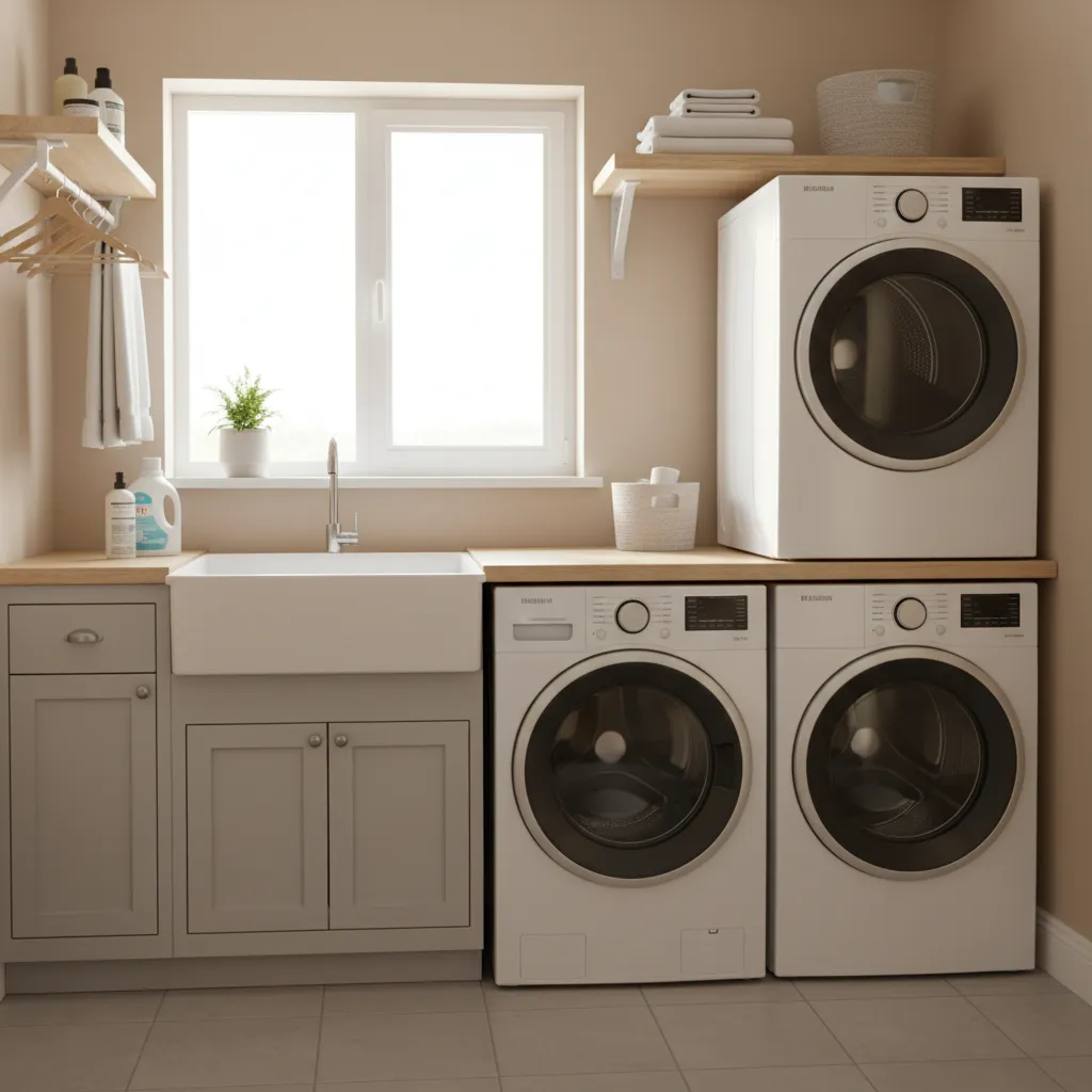 ceramic utility sink installed in a modern laundry room