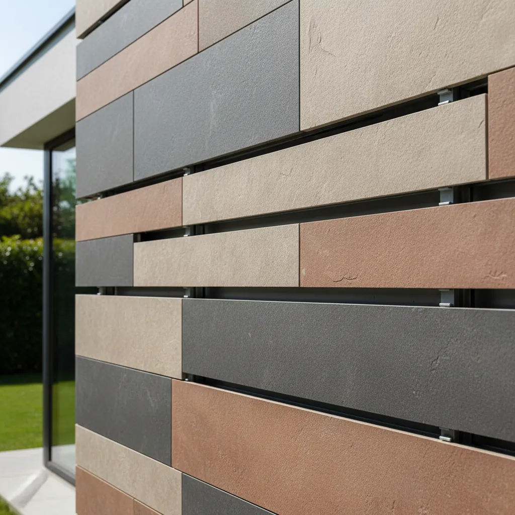 Close up of outdoor wall panels in grey brown and beige on a modern house