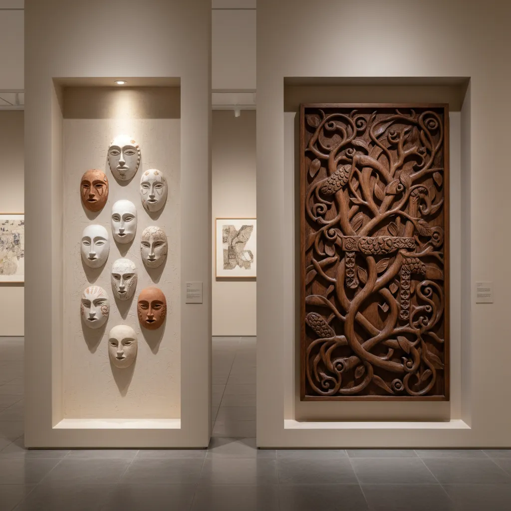 Museum display showing small ceramic face masks on the left and a large wood carving