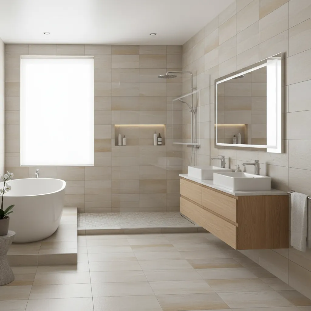 Baño moderno con cerámica de gran formato