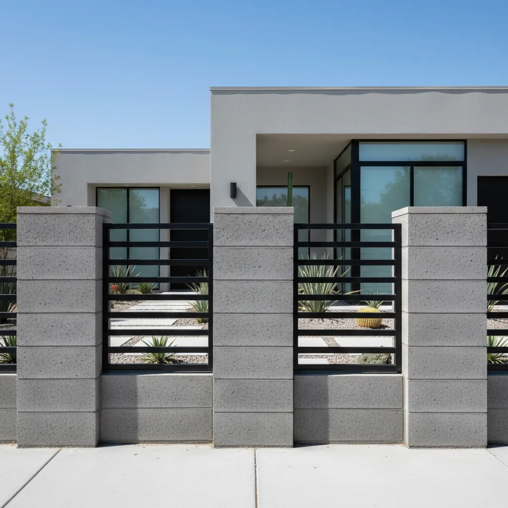 Diseño moderno de cerca de bloques con pilares y reja metálica