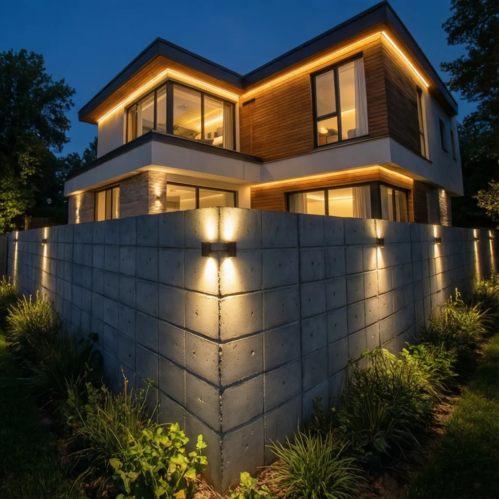 Cerca de bloques con iluminación integrada en pilares