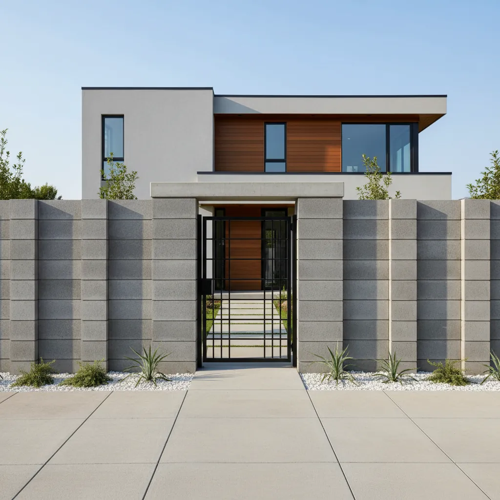 Cerca de bloques con pilares y portón moderno para casa