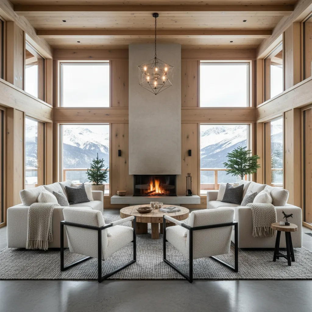 Salón luminoso con madera clara y grandes ventanales en casa de montaña