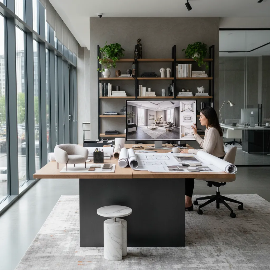 Woman sitting at desk with paper floor plans and a living room interior design drawing