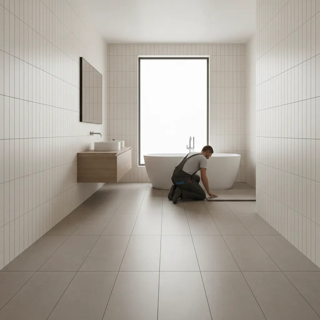 Professional bathroom tile installation showing aligned floor and wall tiles