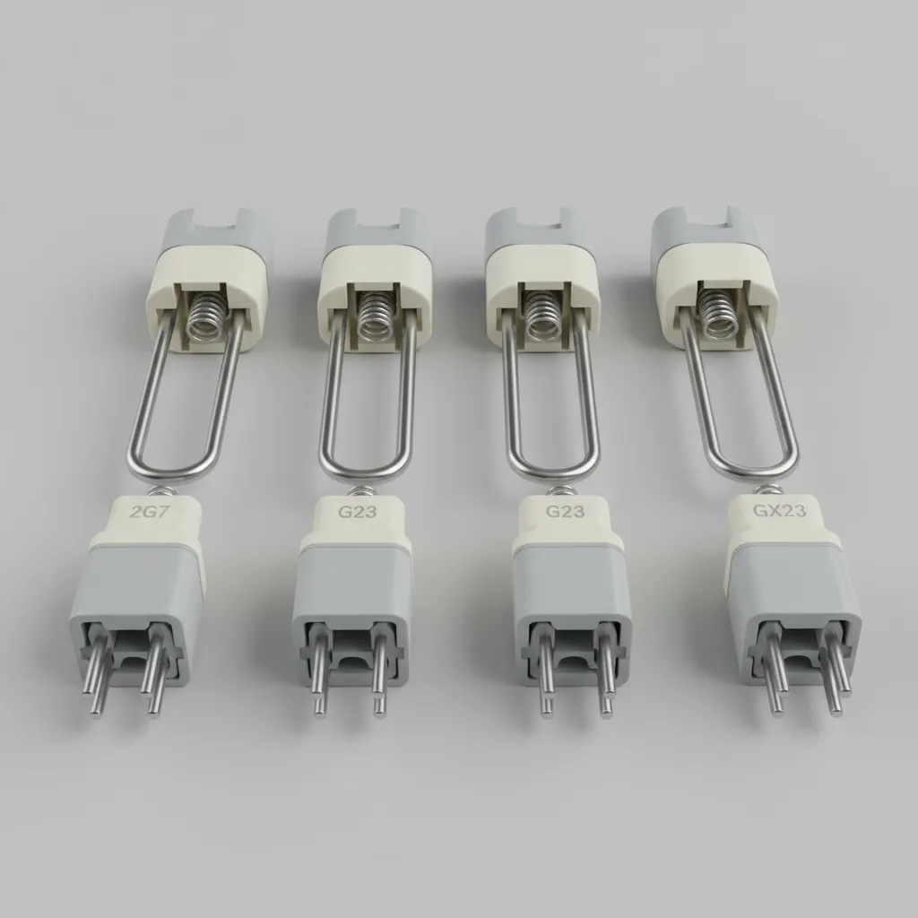 Four different types of light bulb base connectors showing metal pins and grey plastic parts