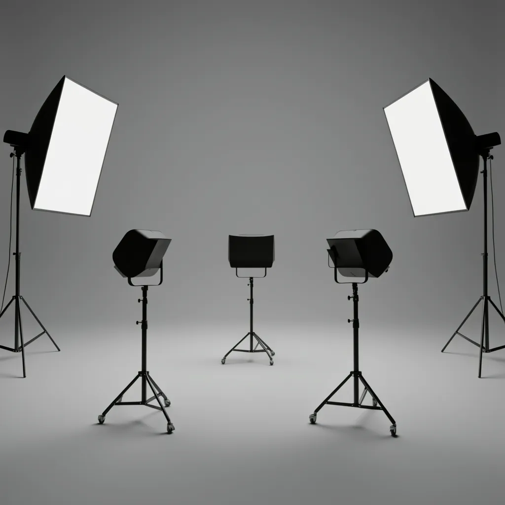 CGI studio lighting setup with softboxes creating shadows on the floor