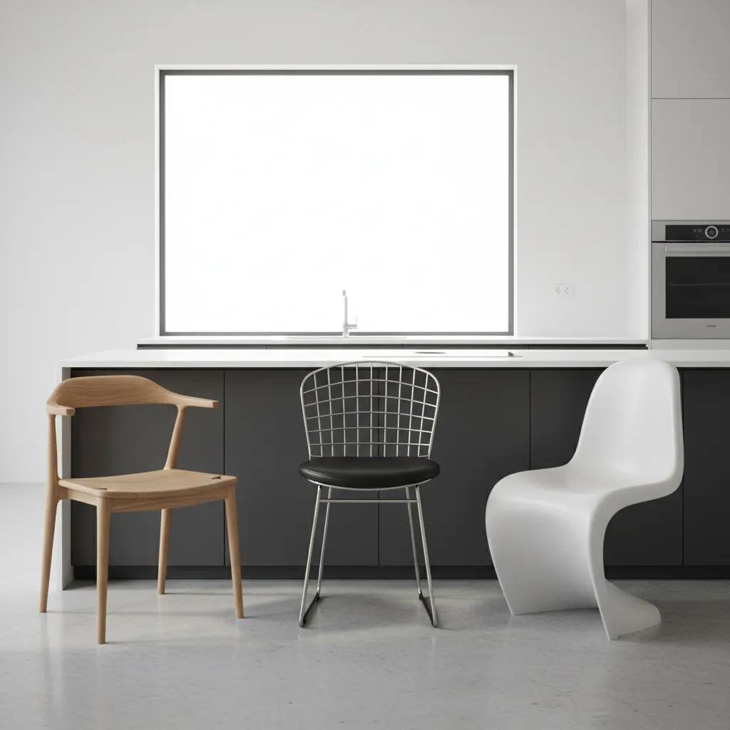 Wooden chair wire chair and white plastic chair in front of a grey kitchen island
