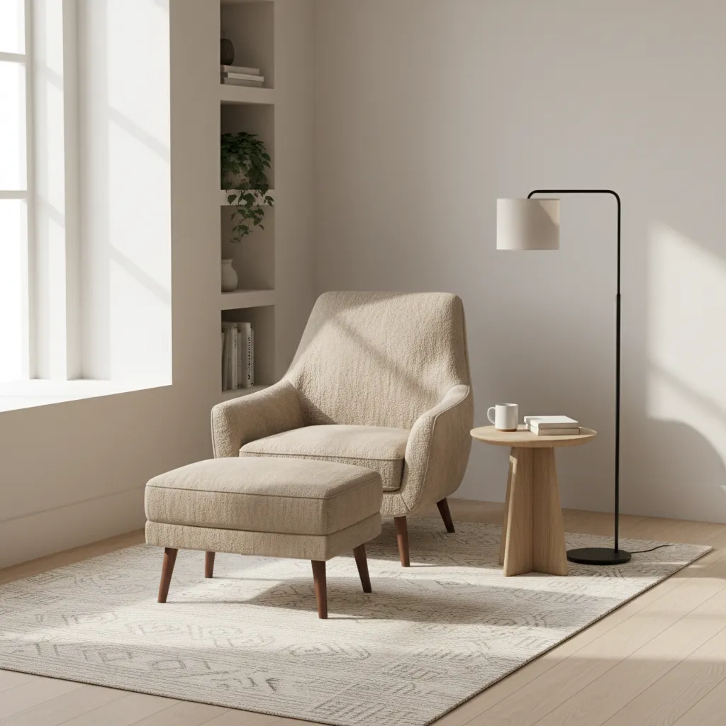 Chair and ottoman arranged in a corner seating nook layout
