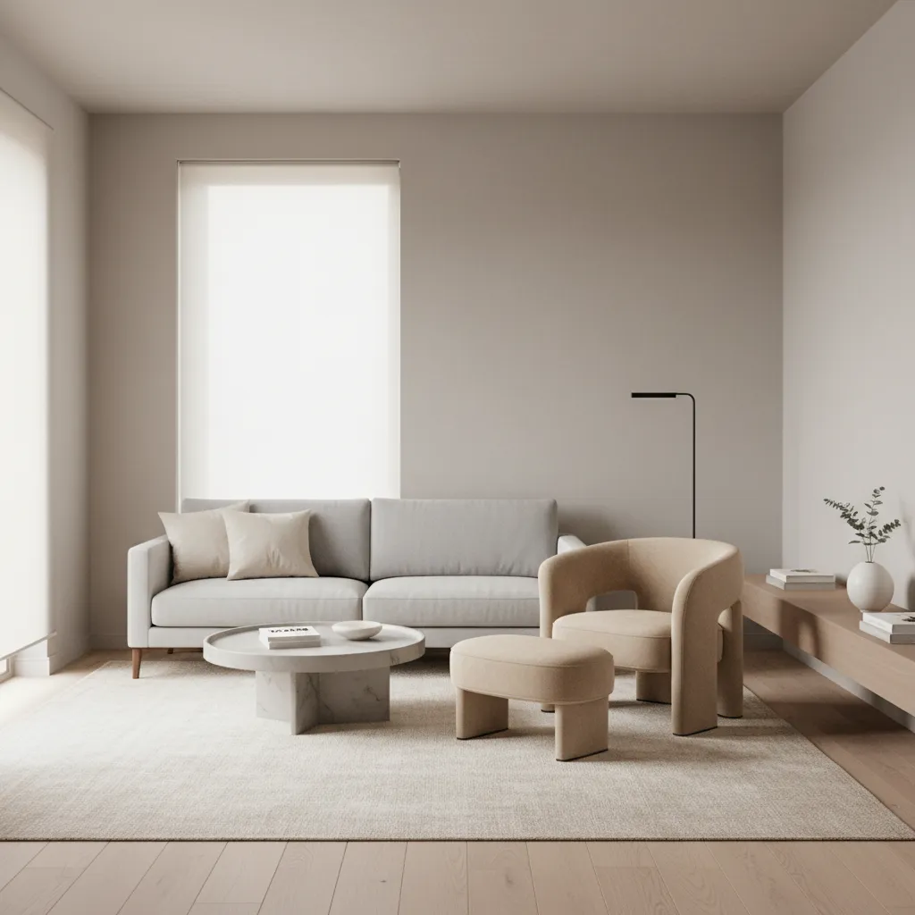 small living room chair and ottoman layout with proper spacing