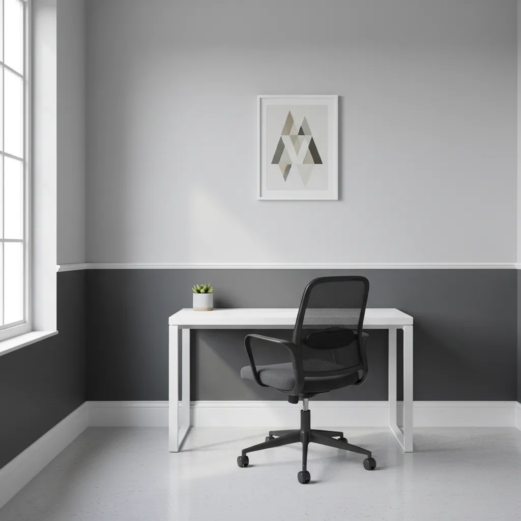 Visualization of horizontal contrast created by chair rail paint in small office