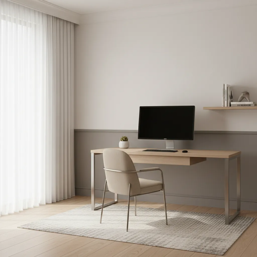 home office with chair rail dividing two tone painted wall