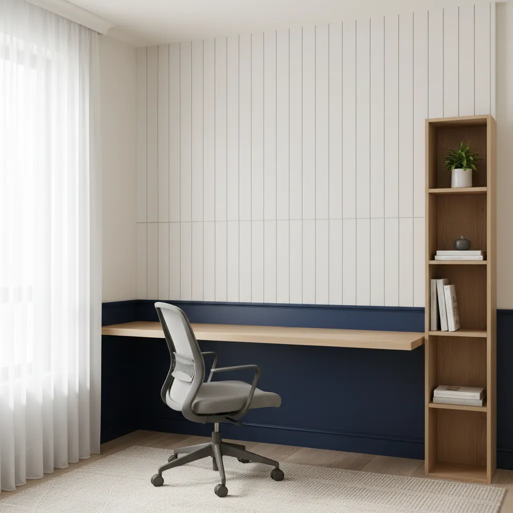 Small home office showing how chair rail placement affects perceived room height
