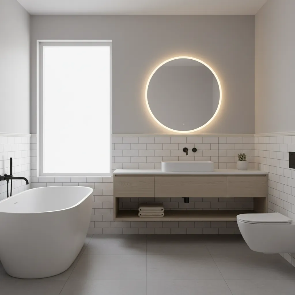 bathroom with subway tile wainscoting and chair rail transition