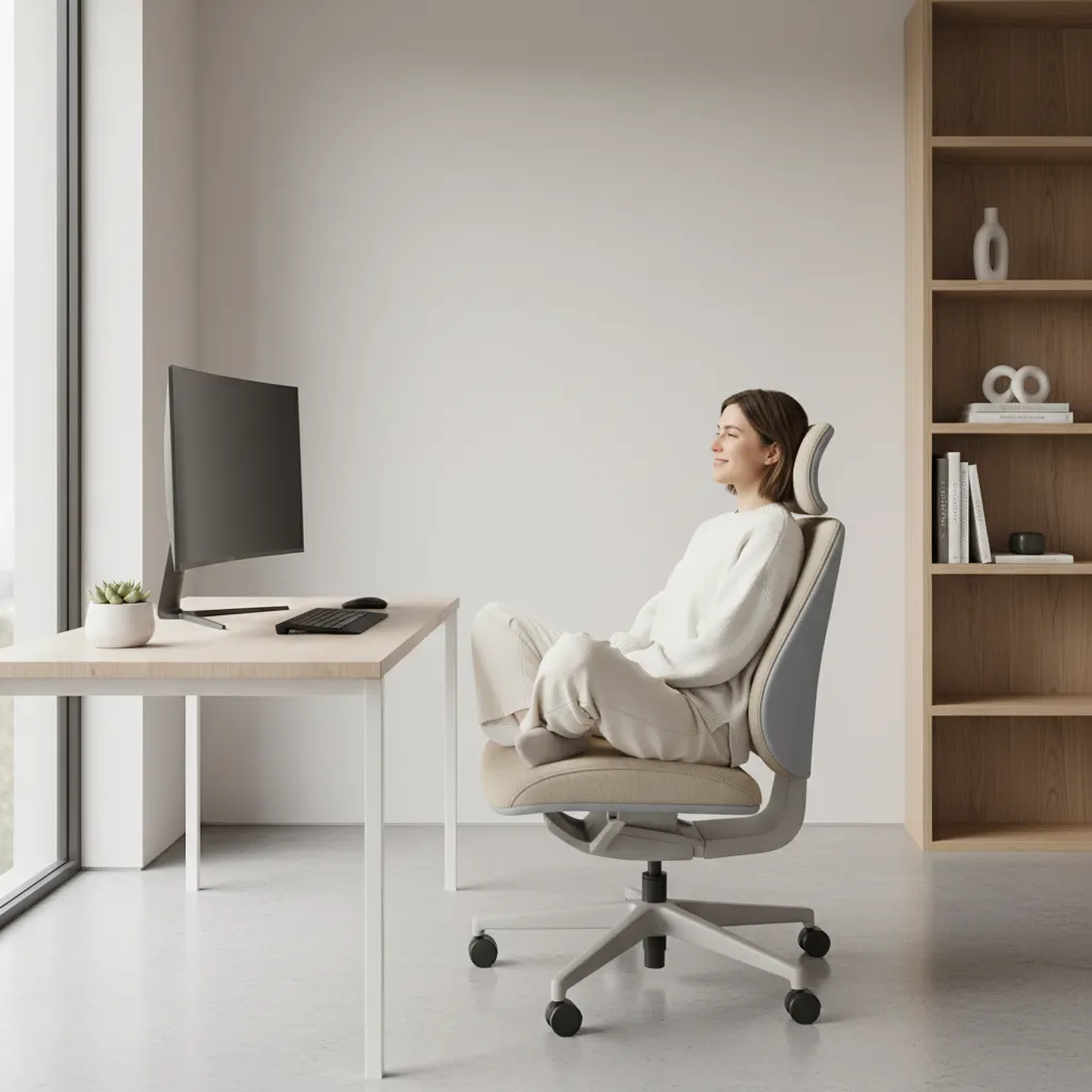 wide ergonomic office chair allowing cross legged sitting posture