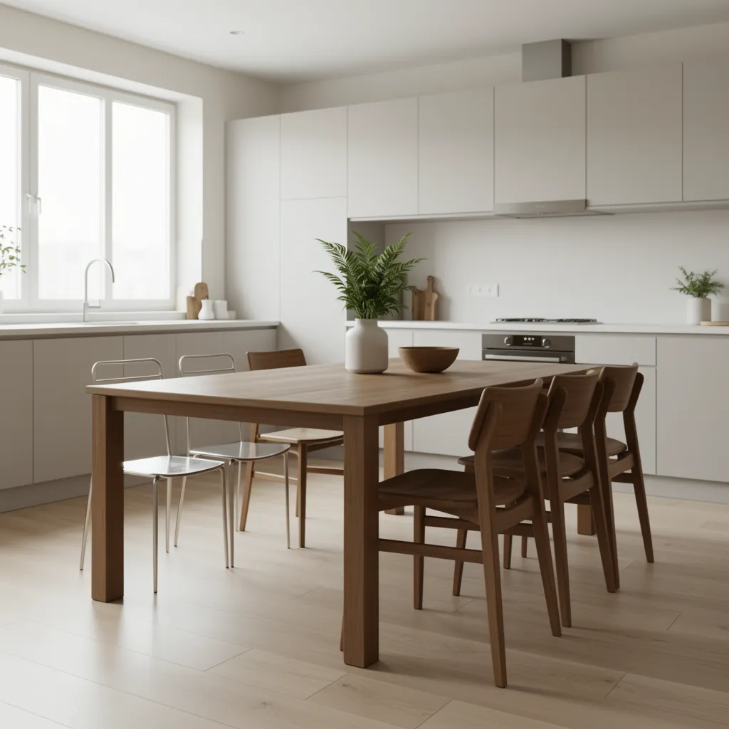 Comparison of slim modern chairs and bulky chairs around a butcher block table
