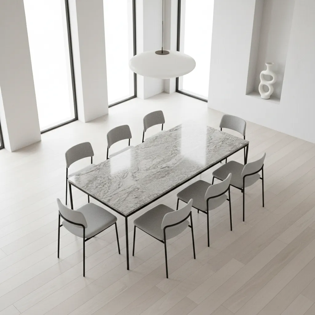 Dining chairs evenly spaced around granite dining table