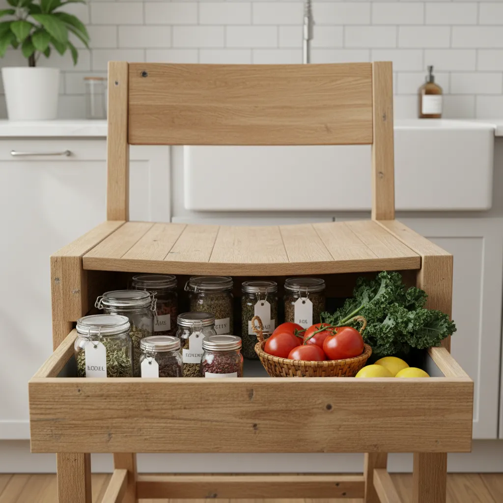Kitchen chair seat with tray and non slip mat holding jars