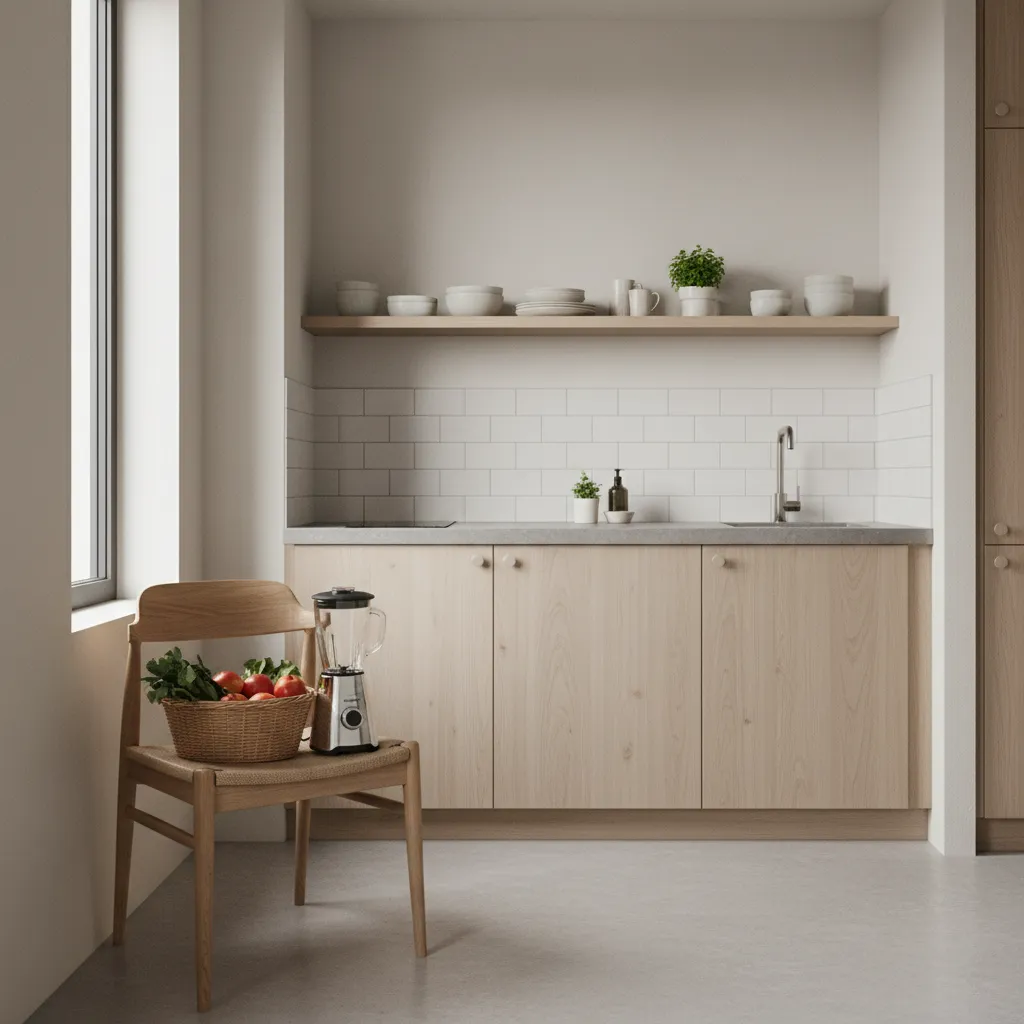 kitchen chair used as temporary storage for appliances and baskets