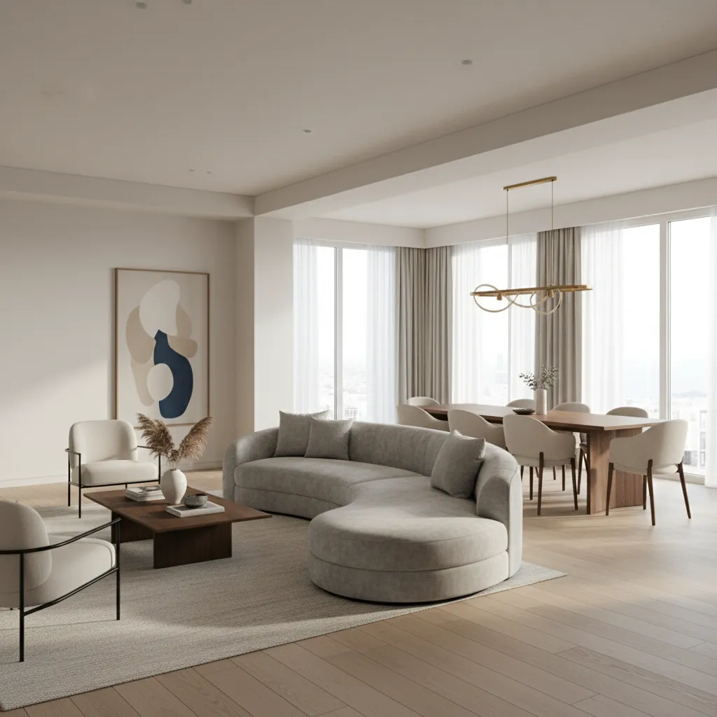 Chaise sofa helping divide an open concept living and dining area