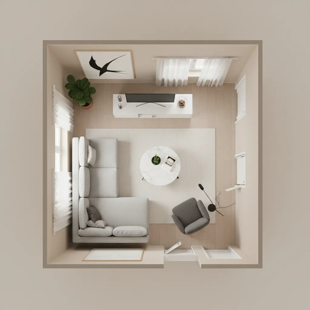 Top view layout of small living room with chaise sofa arrangement