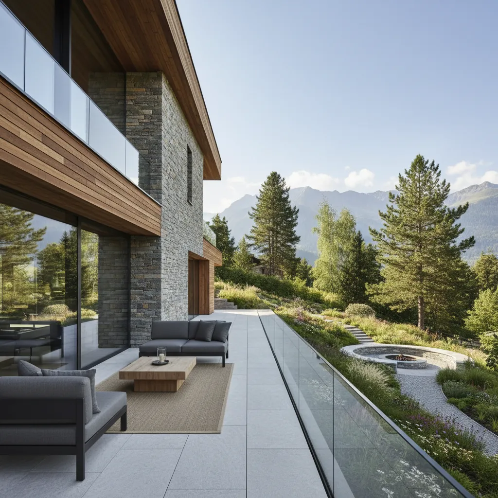 Modern house exterior with stone walls wood panels terrace grey sofas and outdoor fire pit