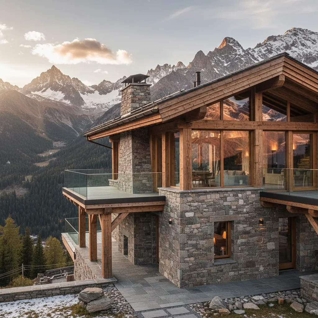 Chalet de estilo rústico moderno con madera y piedra