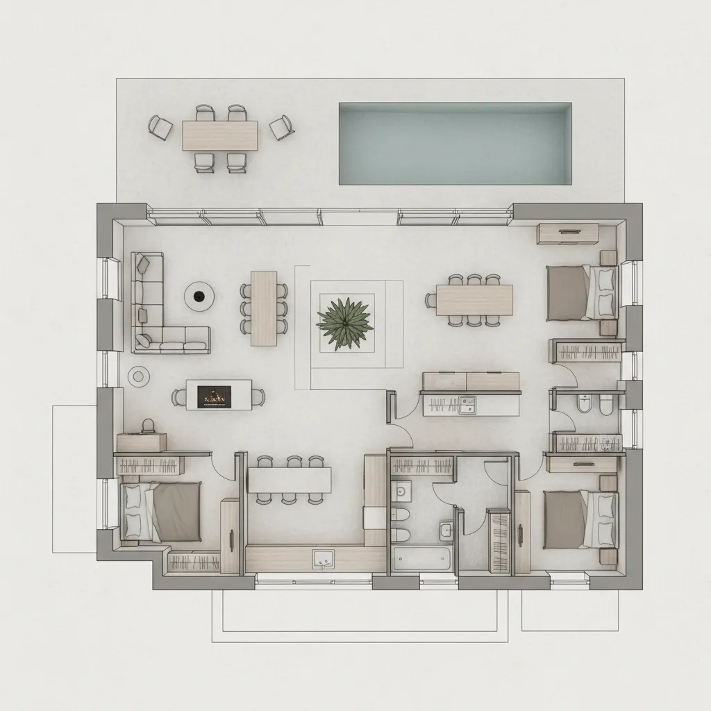Plano de distribución de un chalet moderno con espacios abiertos