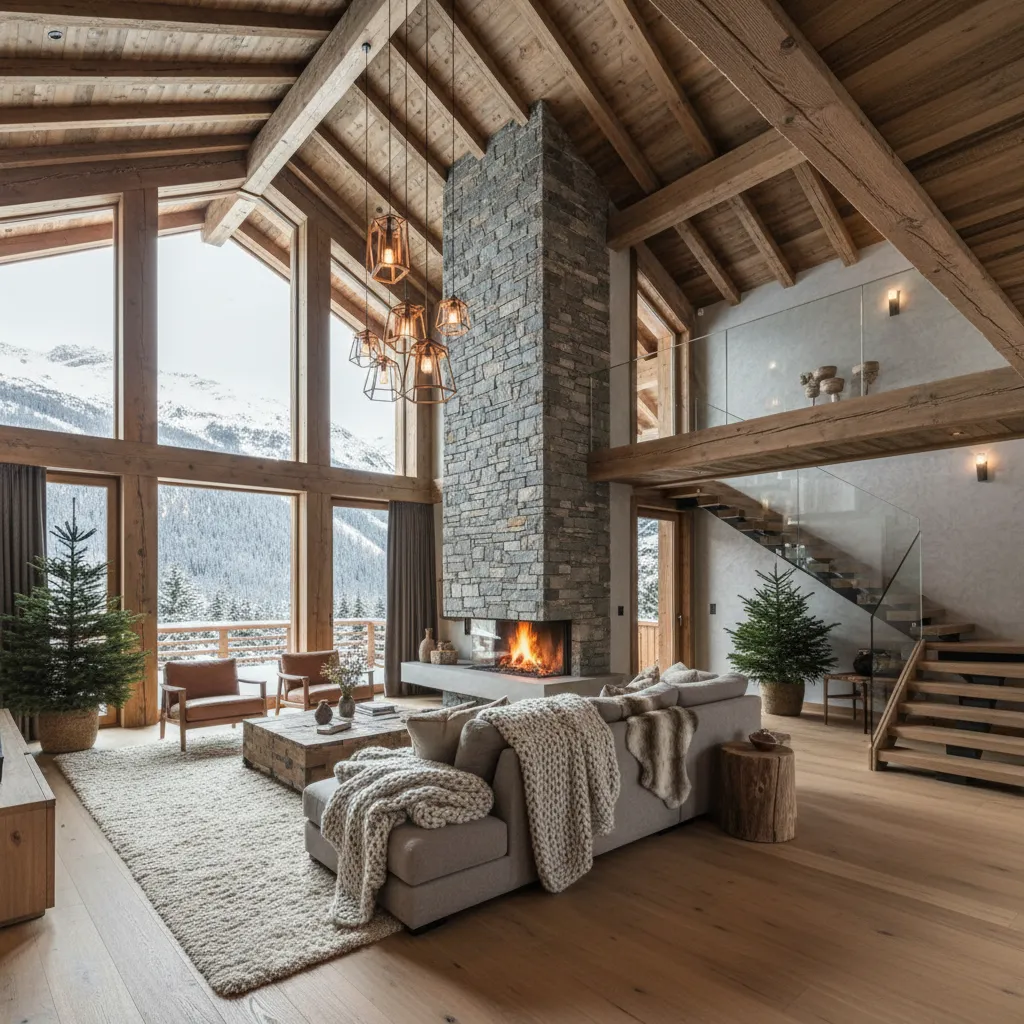 Interior de chalet con techo inclinado y doble altura