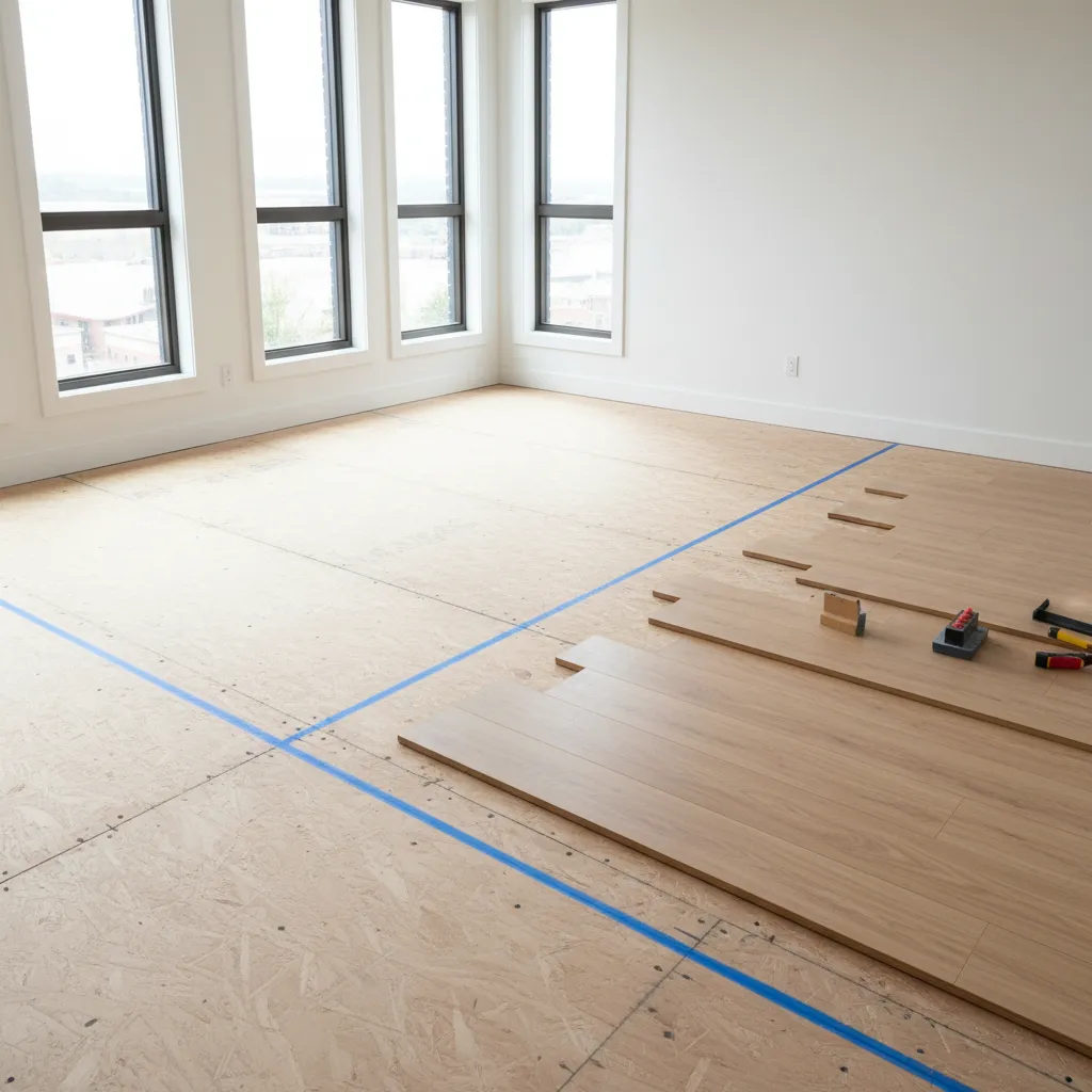 Chalk line used to align laminate flooring across room