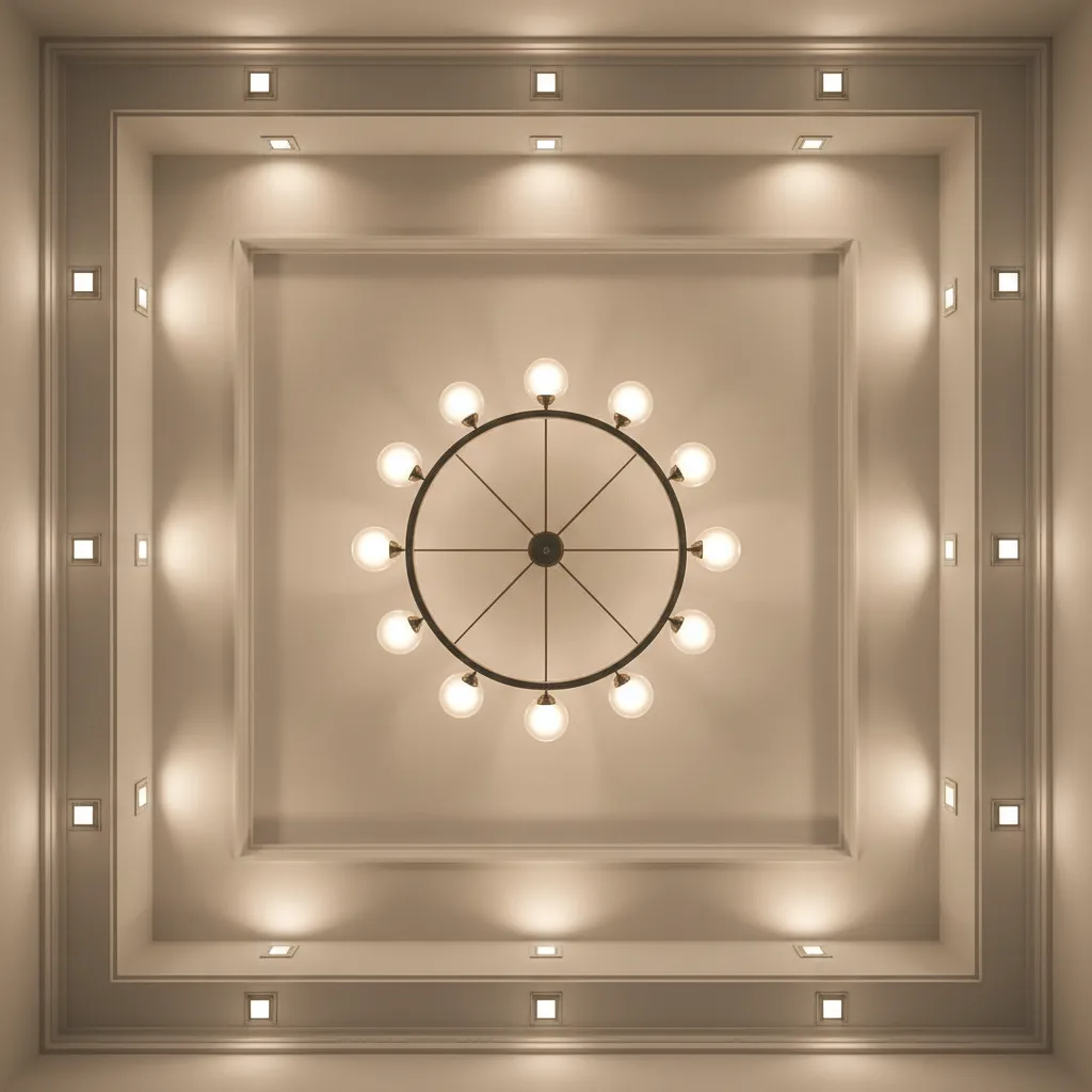 Dining room ceiling layout showing chandelier with surrounding recessed lights