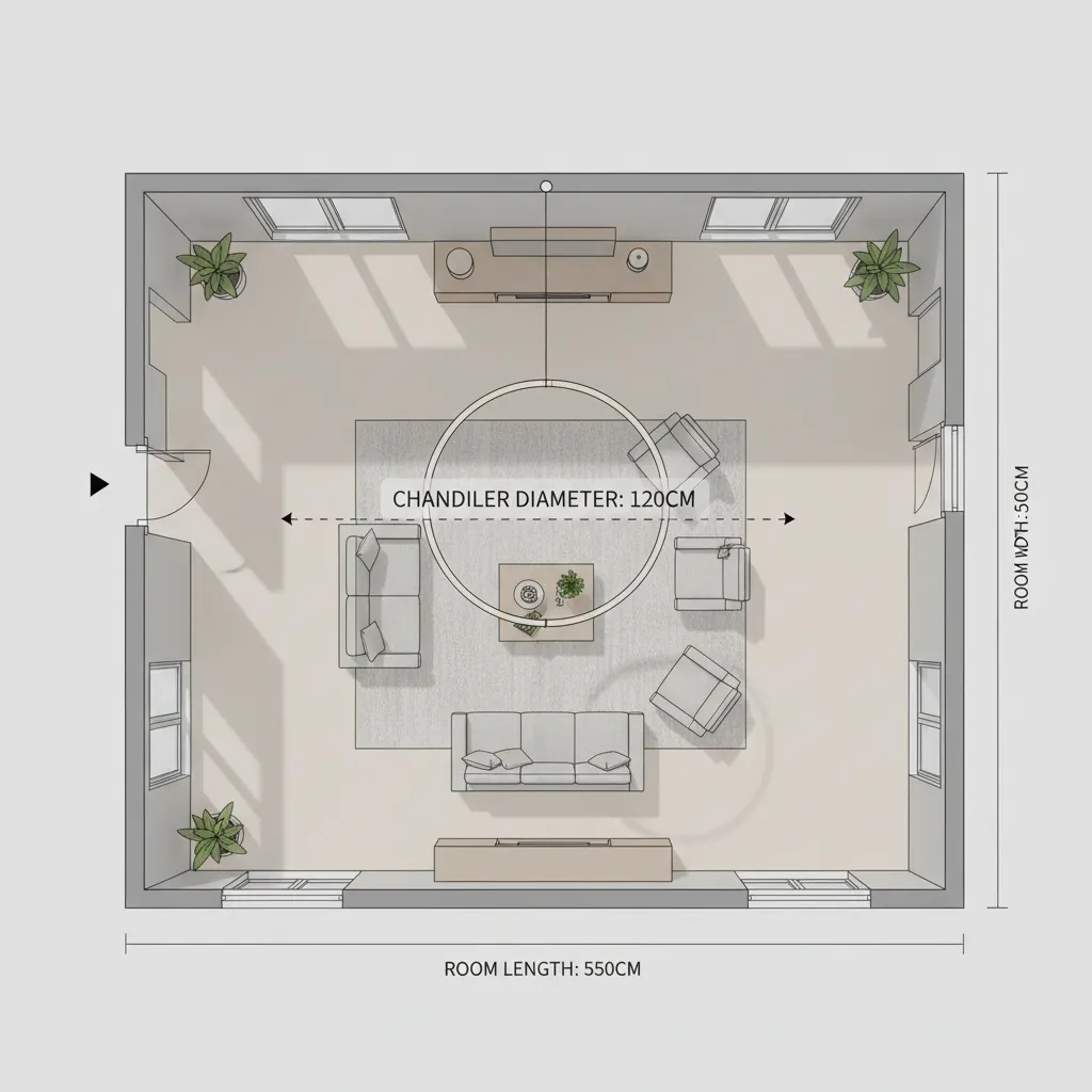 diagram explaining chandelier diameter based on room dimensions