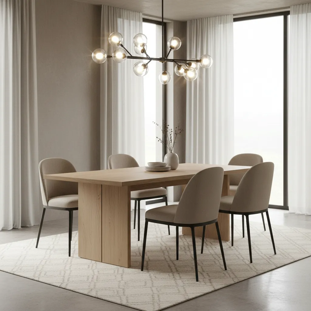 modern chandelier with exposed bulbs causing glare above dining table
