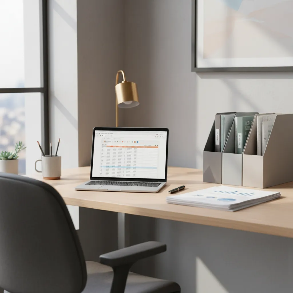 Workspace scene with documents representing updating a registered business address